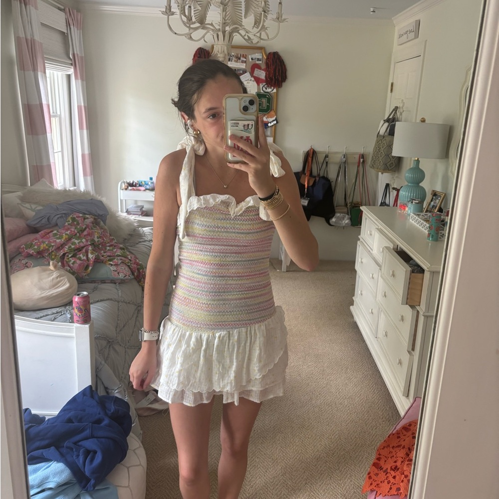 Pastel Striped Tank Top with White Ruffle Skirt